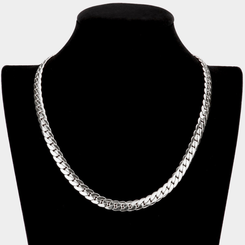 Simple Silver Metal Flat Cuban Link Necklace Chain Mens Woman Unisex Jewelry